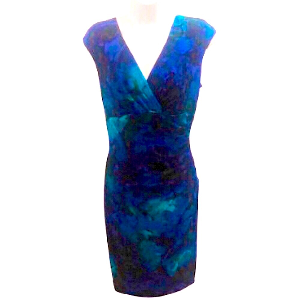 LAUREN RALPH LAUREN SHADES OF BLUE FLORAL DRESS • RUCHED SIDE • Sz 12